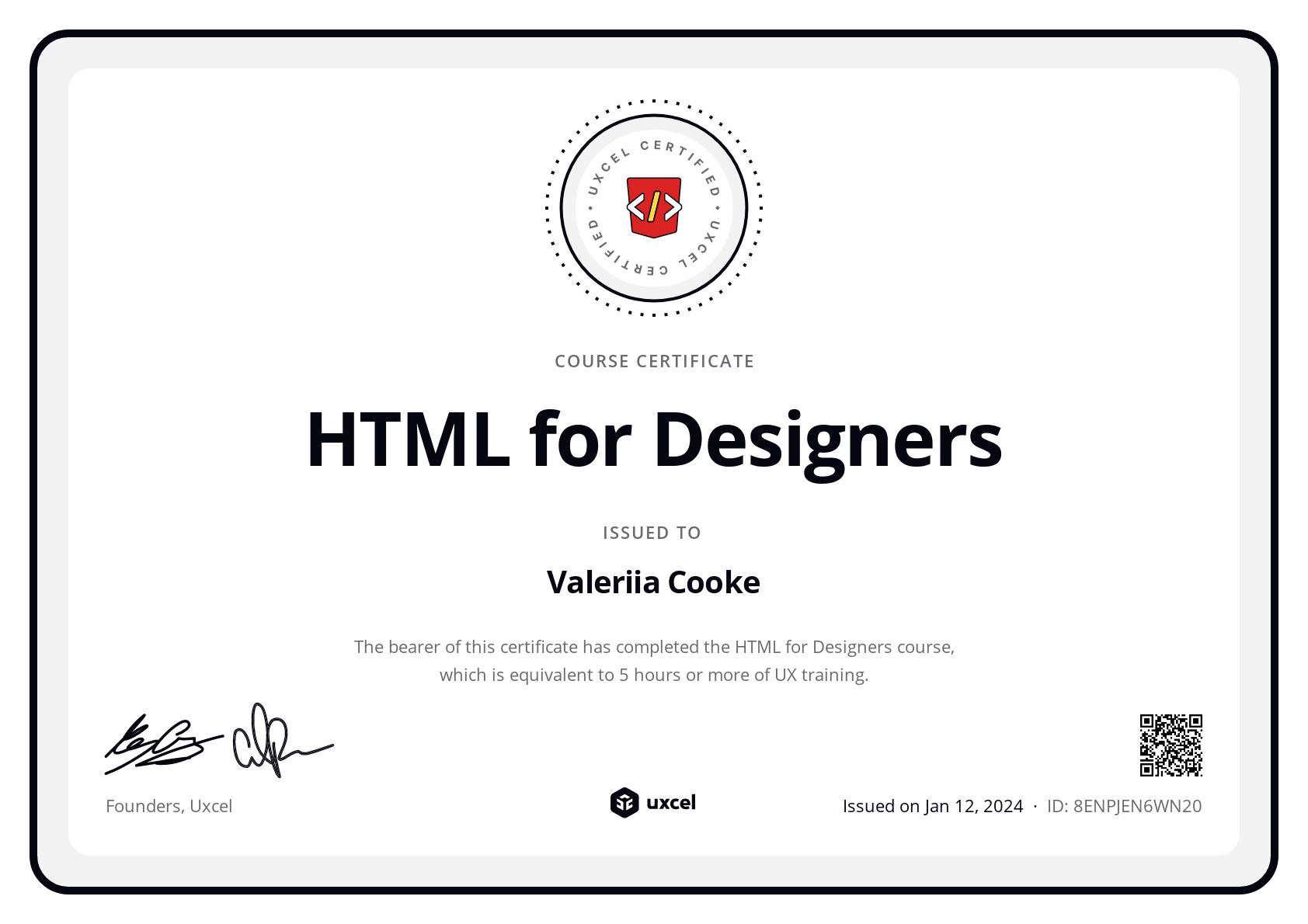 Valeriia Cooke's certificate